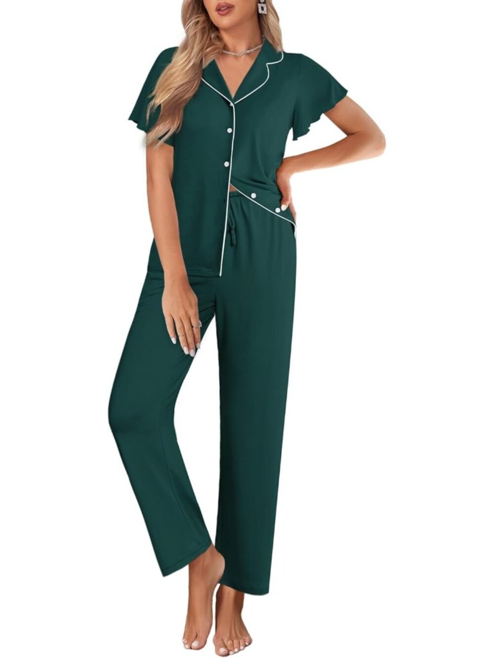 Women Green Notch Lapel Ruffle Sleeve Button Up with Long Pajamas Set